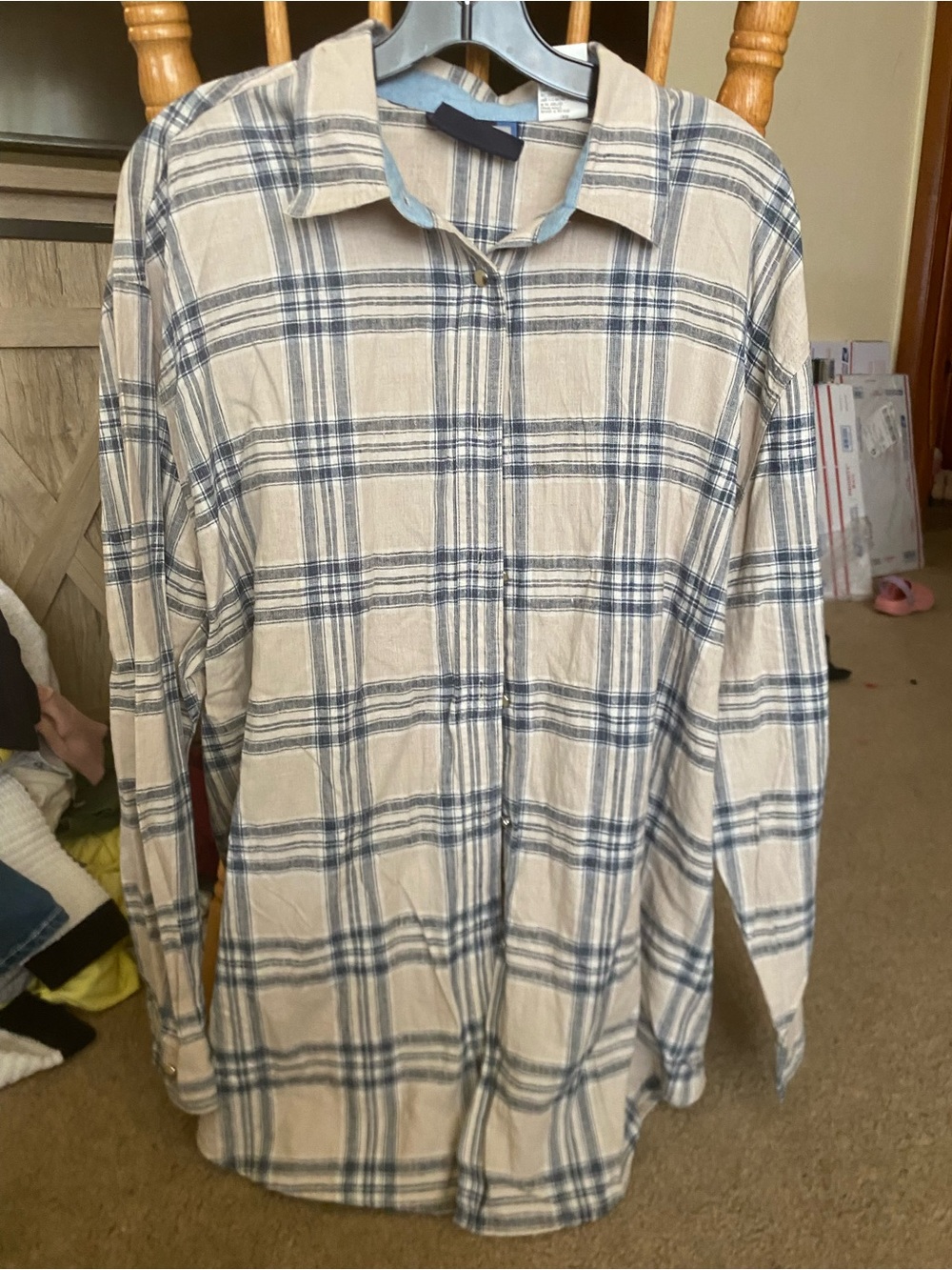 Vintage Wrangler Blues 3X Plaid Button Down Shirt Linen Cotton Blend Beige Blue